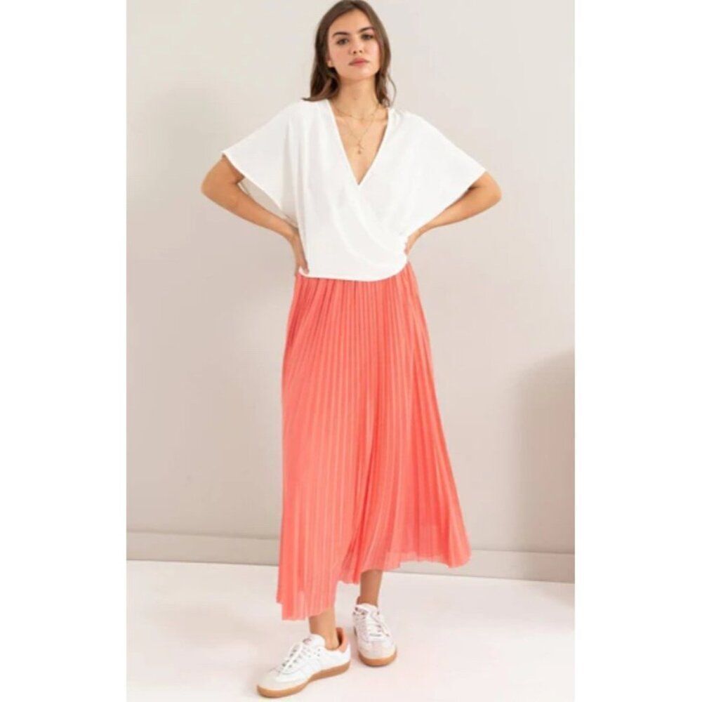 White House Black Market Women Coral Accordion Pleat Maxi Skirt Size M
